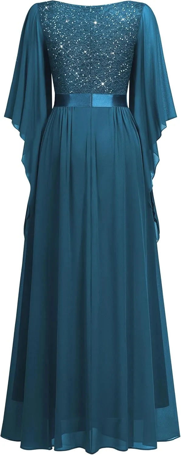 Miusol Women's Deep-V Neck Lace Contrast Sequin 3/4 Sleeve Formal Evening Maxi Dress