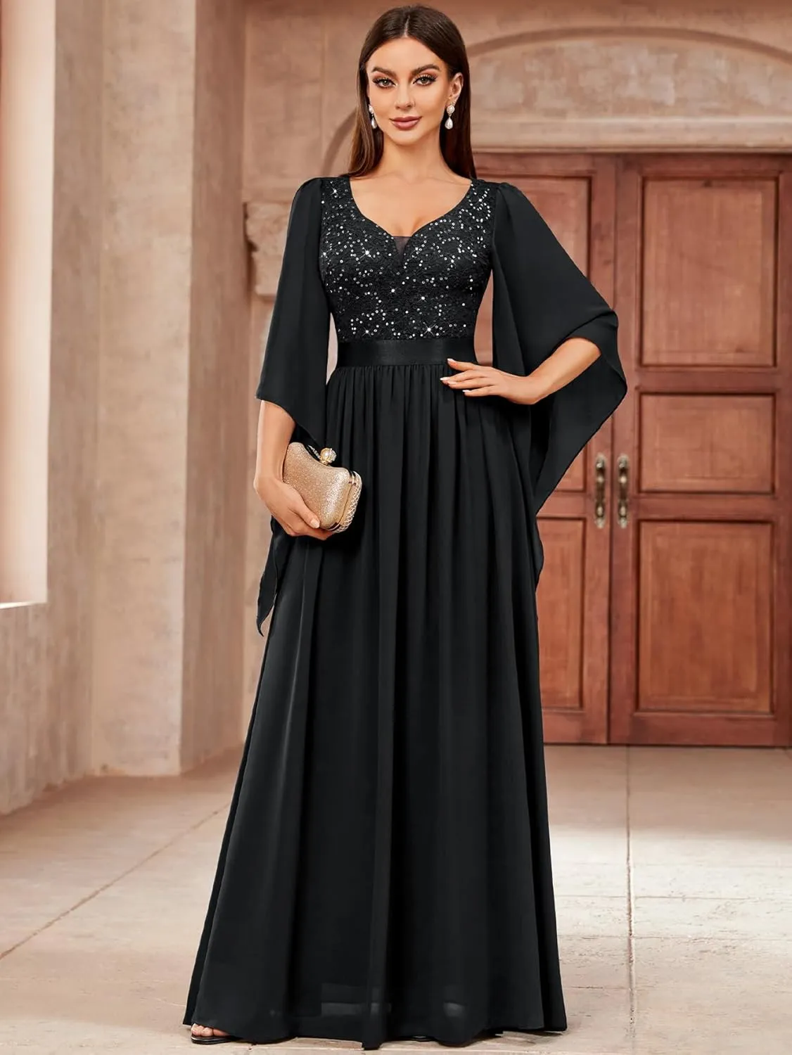 Miusol Women's Deep-V Neck Lace Contrast Sequin 3/4 Sleeve Formal Evening Maxi Dress