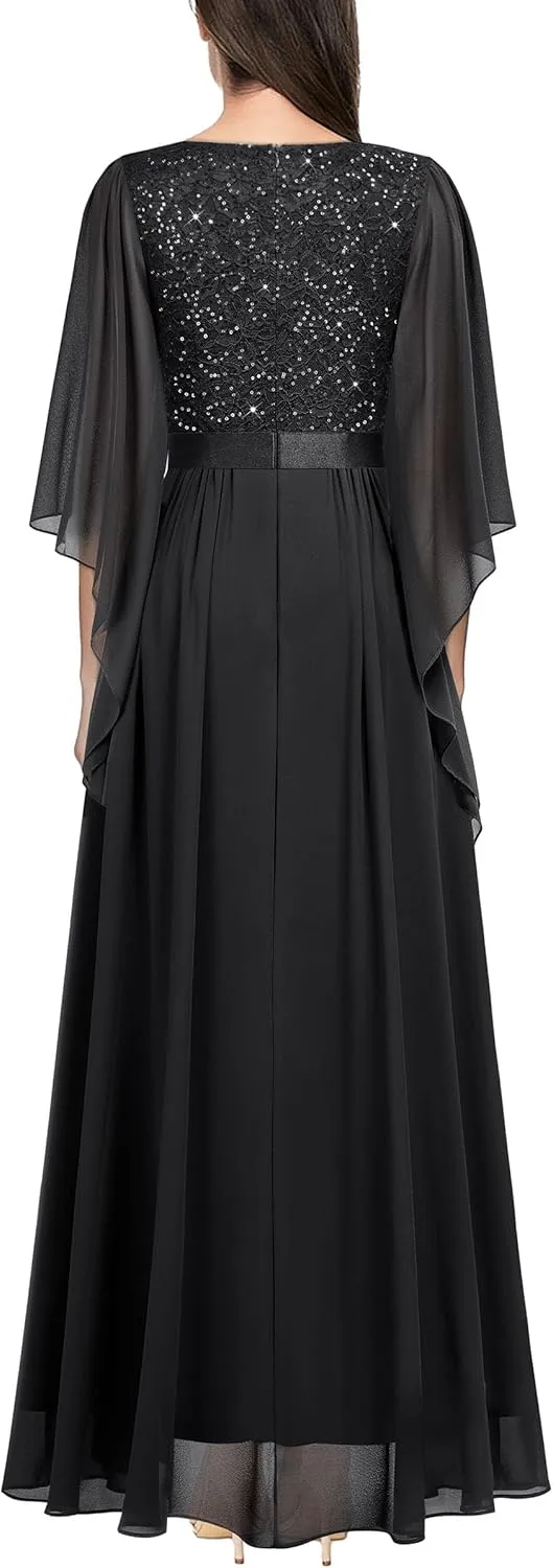 Miusol Women's Deep-V Neck Lace Contrast Sequin 3/4 Sleeve Formal Evening Maxi Dress