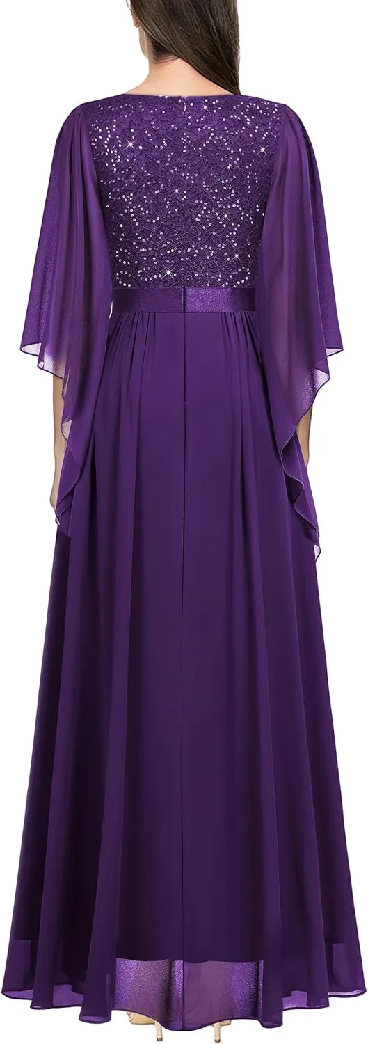 Miusol Women's Deep-V Neck Lace Contrast Sequin 3/4 Sleeve Formal Evening Maxi Dress