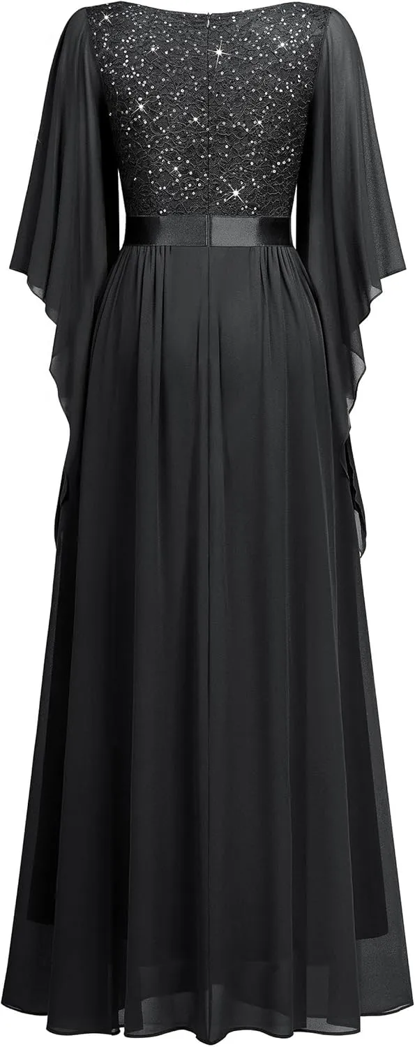 Miusol Women's Deep-V Neck Lace Contrast Sequin 3/4 Sleeve Formal Evening Maxi Dress