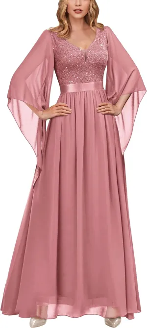 Miusol Women's Deep-V Neck Lace Contrast Sequin 3/4 Sleeve Formal Evening Maxi Dress