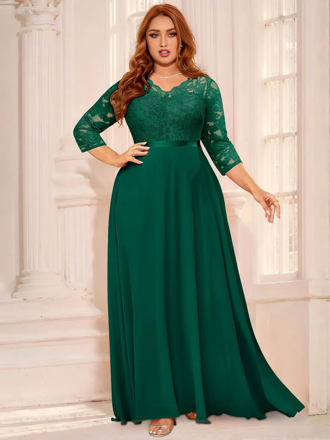 Miusol Women's Formal Floral Lace V Neck Plus Size Bridesmaid Party Maxi Dress