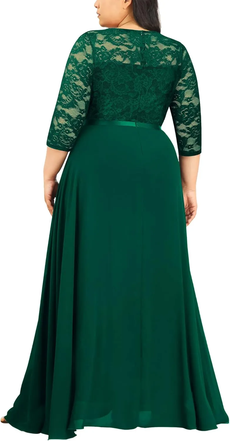 Miusol Women's Formal Floral Lace V Neck Plus Size Bridesmaid Party Maxi Dress