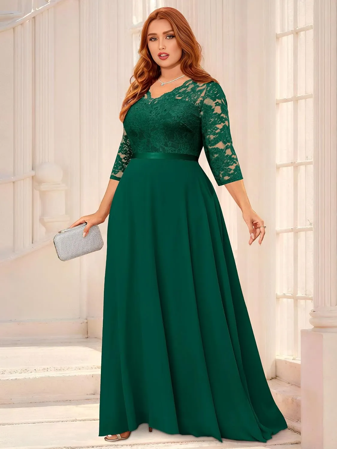 Miusol Women's Formal Floral Lace V Neck Plus Size Bridesmaid Party Maxi Dress