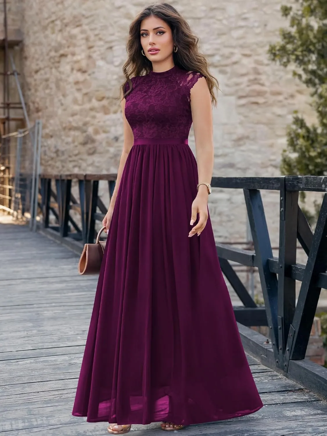 Miusol Women's Formal Sleeveless Floral Lace Bridesmaid Party Maxi Dress