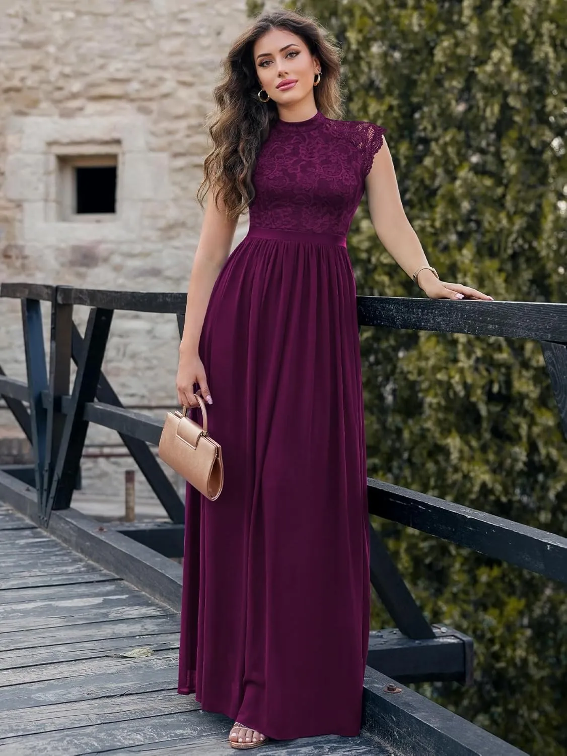 Miusol Women's Formal Sleeveless Floral Lace Bridesmaid Party Maxi Dress