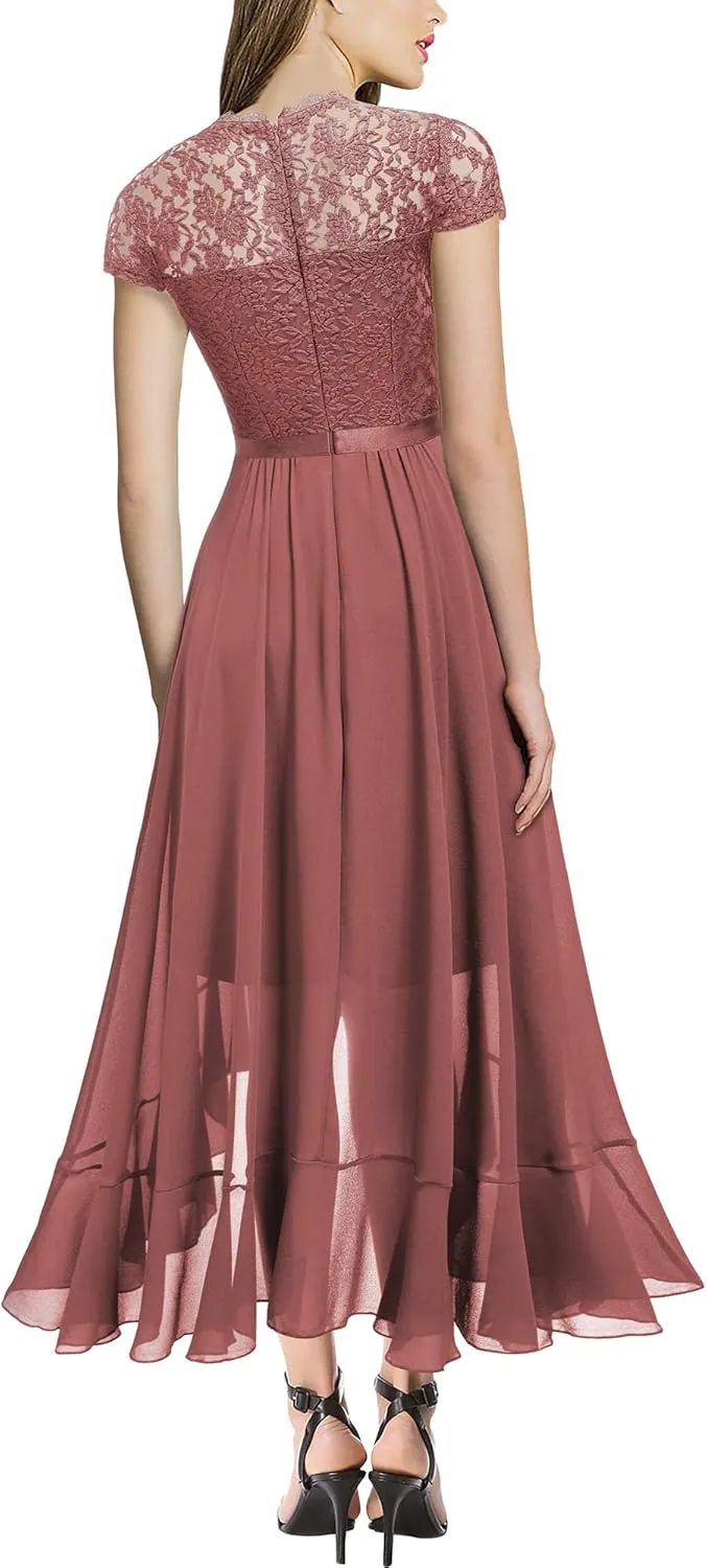 Miusol Women's Retro Lace Contrast Chiffon Ruffle Evening Maxi Dress