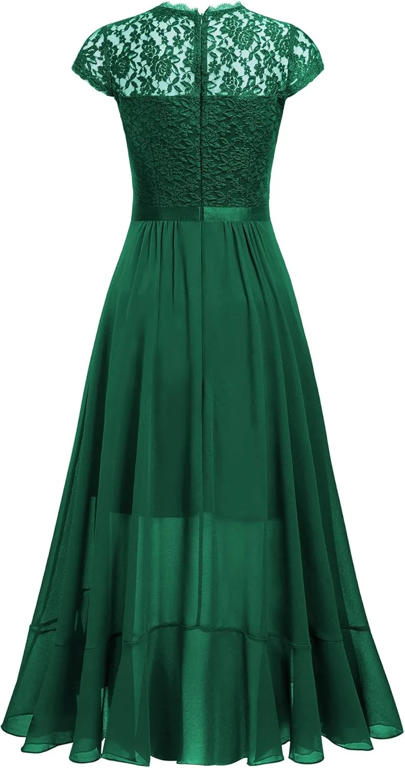 Miusol Women's Retro Lace Contrast Chiffon Ruffle Evening Maxi Dress