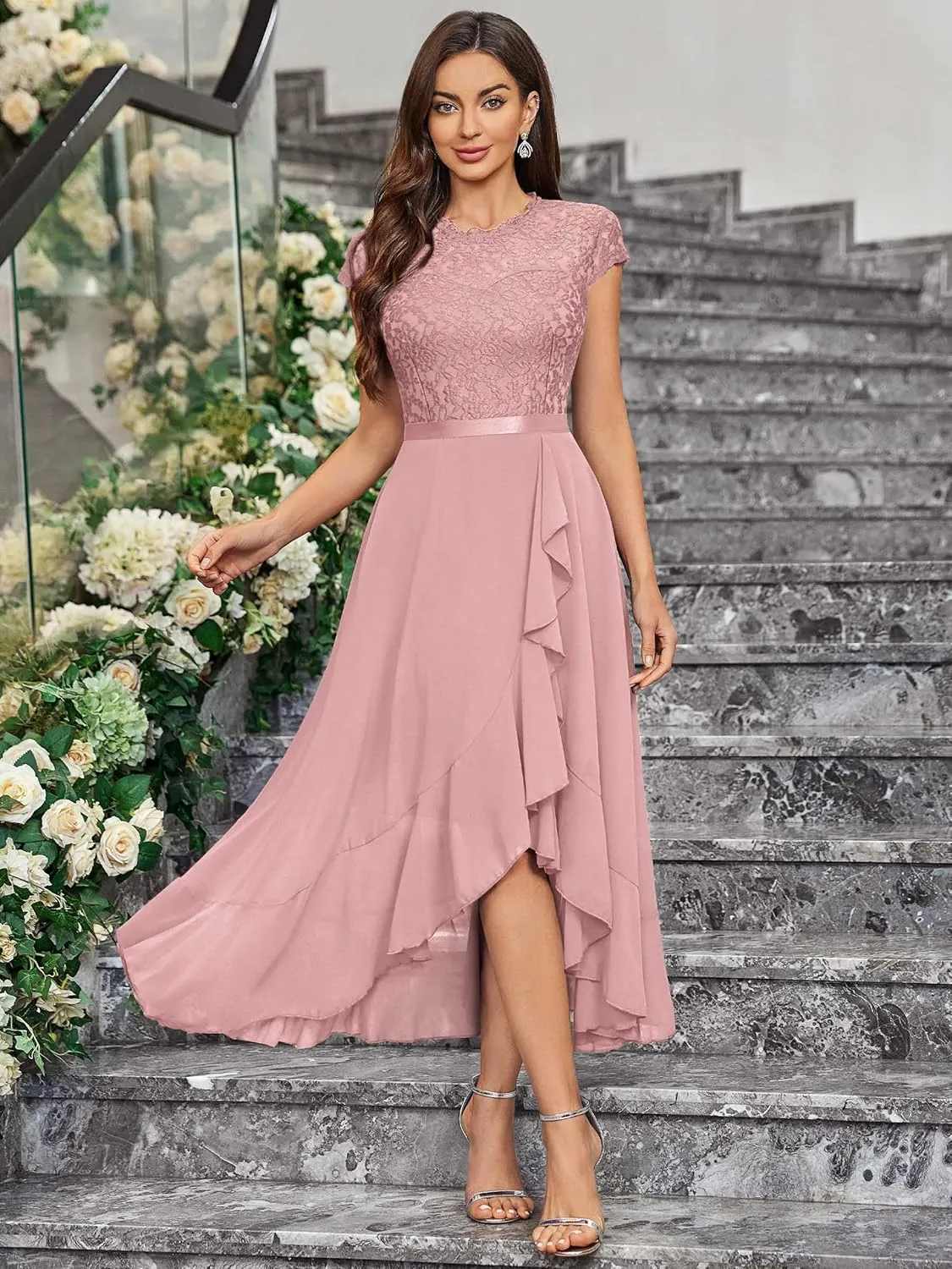 Miusol Women's Retro Lace Contrast Chiffon Ruffle Evening Maxi Dress