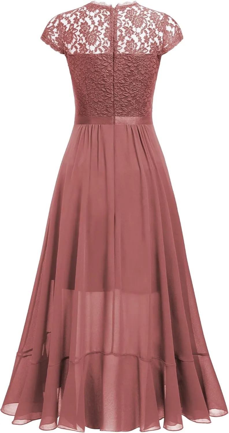 Miusol Women's Retro Lace Contrast Chiffon Ruffle Evening Maxi Dress
