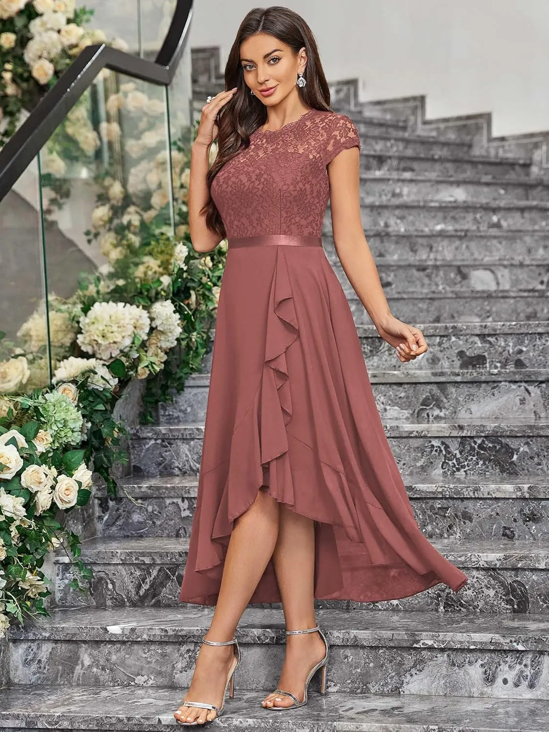 Miusol Women's Retro Lace Contrast Chiffon Ruffle Evening Maxi Dress