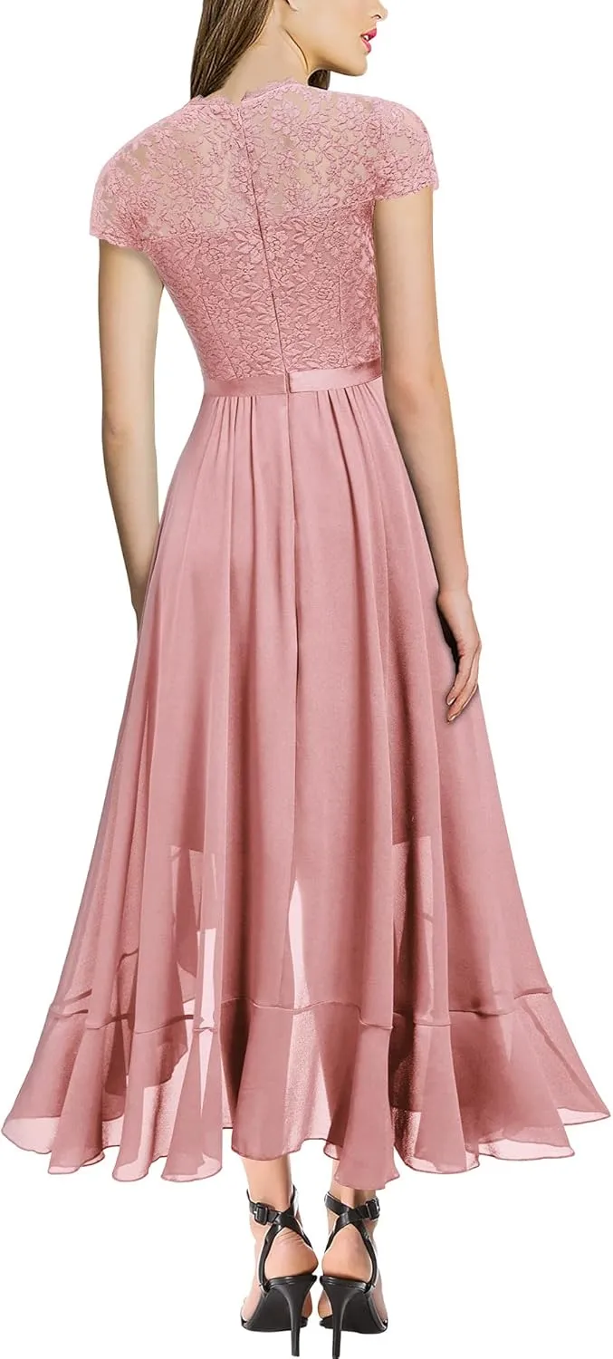 Miusol Women's Retro Lace Contrast Chiffon Ruffle Evening Maxi Dress