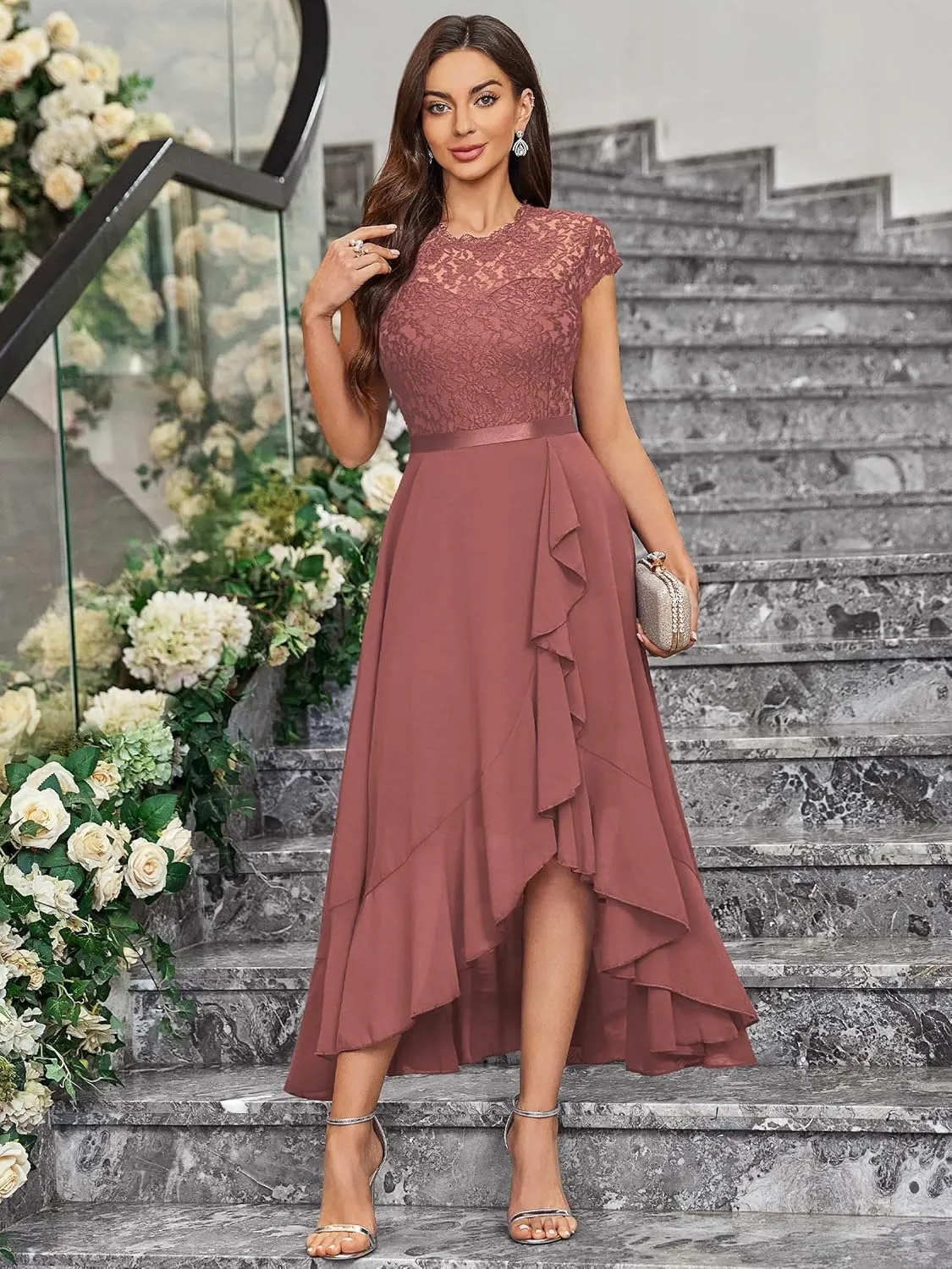 Miusol Women's Retro Lace Contrast Chiffon Ruffle Evening Maxi Dress