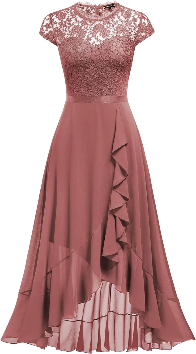 Miusol Women's Retro Lace Contrast Chiffon Ruffle Evening Maxi Dress