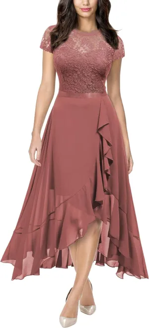 Miusol Women's Retro Lace Contrast Chiffon Ruffle Evening Maxi Dress