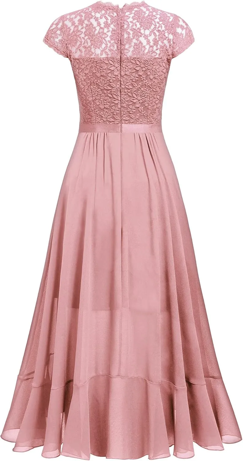 Miusol Women's Retro Lace Contrast Chiffon Ruffle Evening Maxi Dress