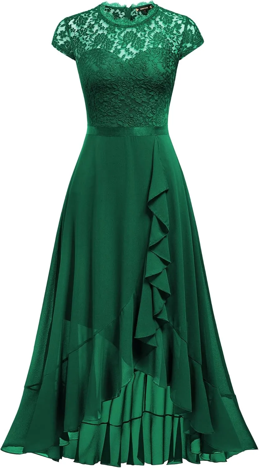 Miusol Women's Retro Lace Contrast Chiffon Ruffle Evening Maxi Dress