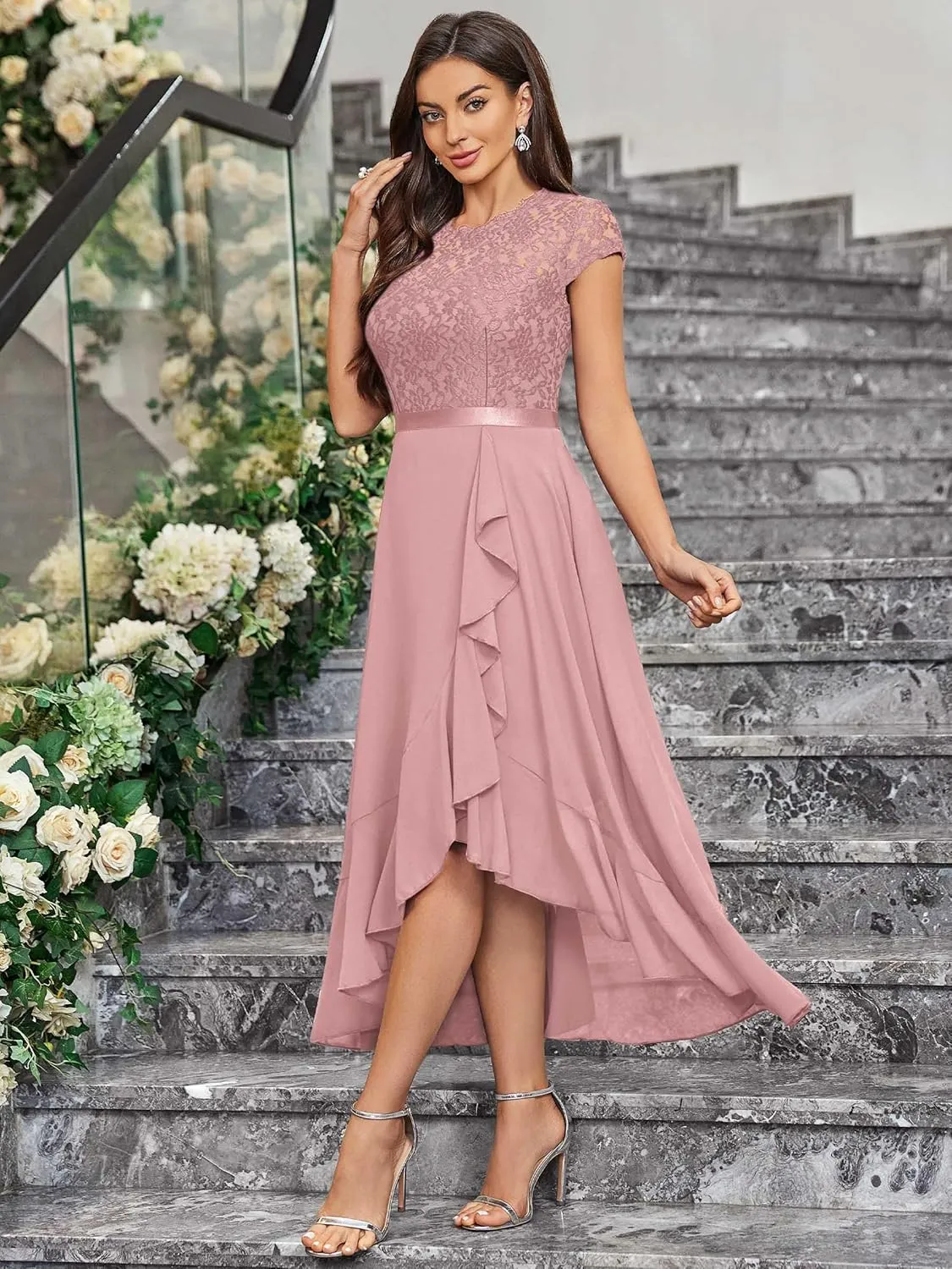 Miusol Women's Retro Lace Contrast Chiffon Ruffle Evening Maxi Dress