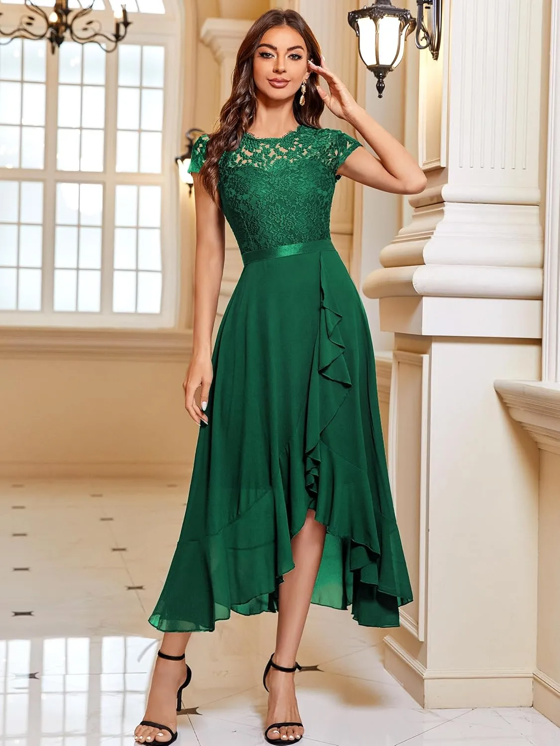 Miusol Women's Retro Lace Contrast Chiffon Ruffle Evening Maxi Dress