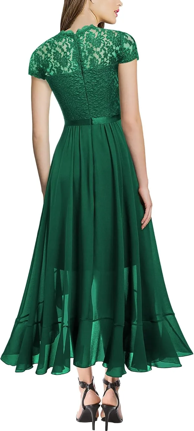 Miusol Women's Retro Lace Contrast Chiffon Ruffle Evening Maxi Dress