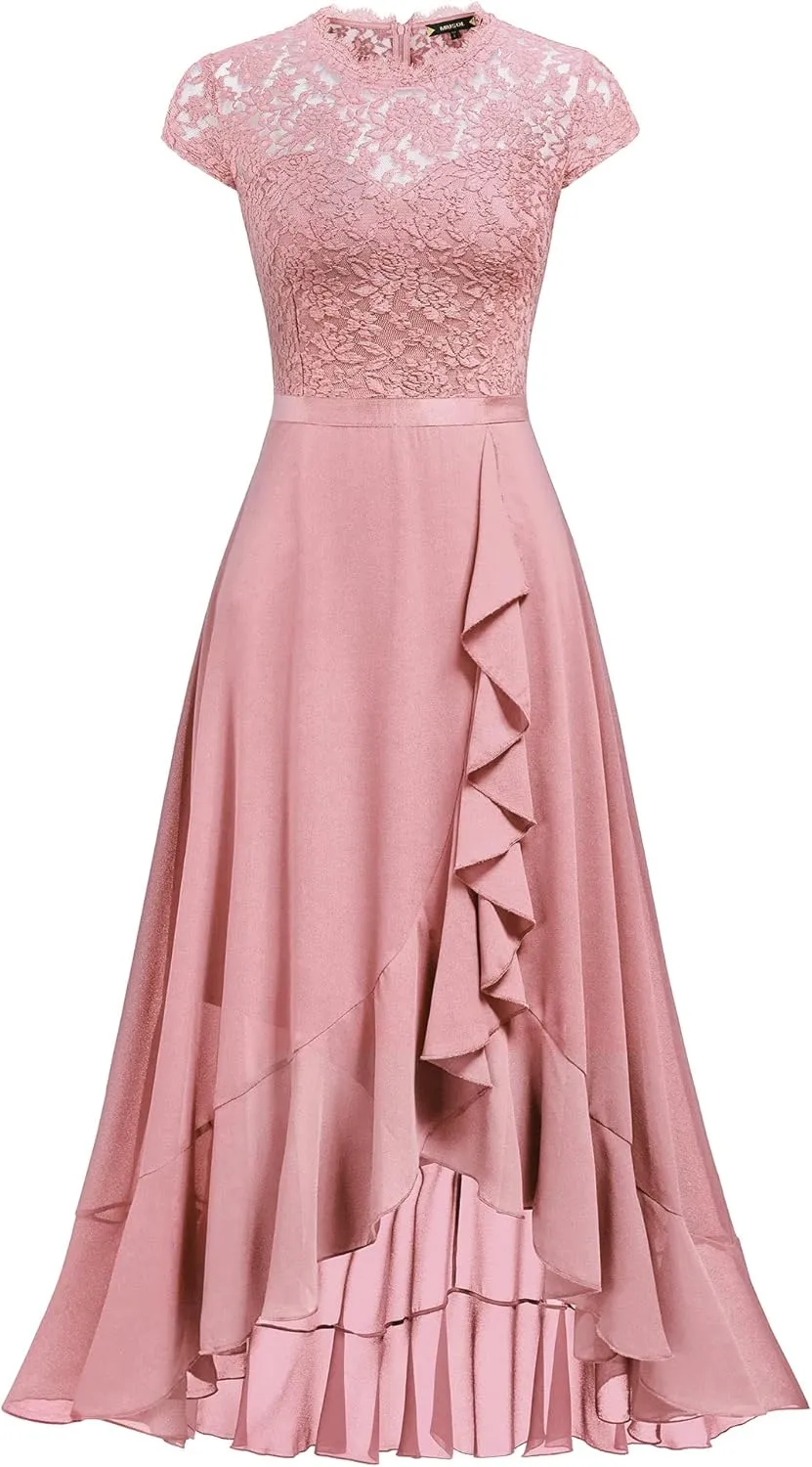 Miusol Women's Retro Lace Contrast Chiffon Ruffle Evening Maxi Dress