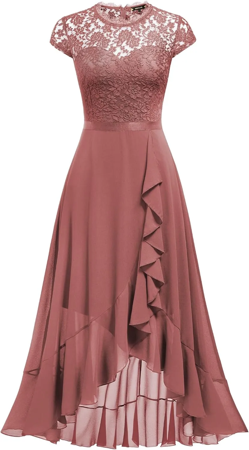 Miusol Women's Retro Lace Contrast Chiffon Ruffle Evening Maxi Dress