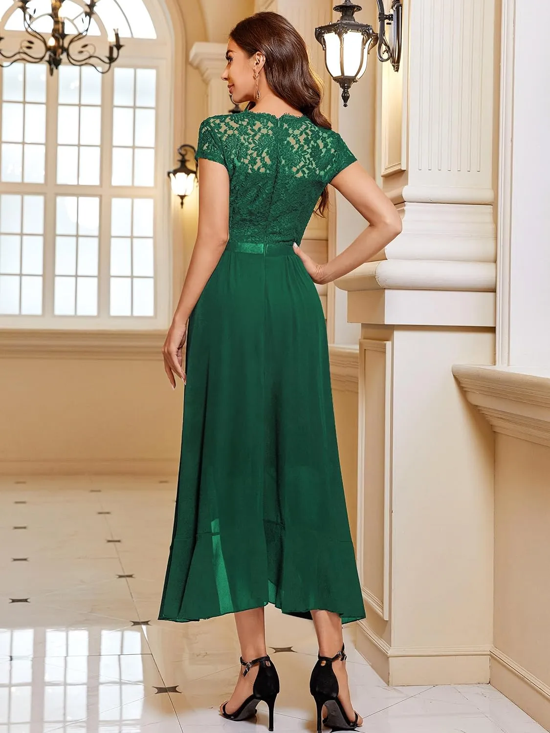 Miusol Women's Retro Lace Contrast Chiffon Ruffle Evening Maxi Dress