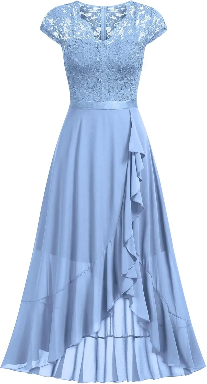 Miusol Women's V Neck Elegant Lace Ruffle Bridesmaid Maxi Dress
