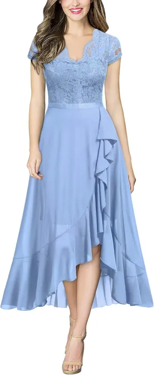 Miusol Women's V Neck Elegant Lace Ruffle Bridesmaid Maxi Dress