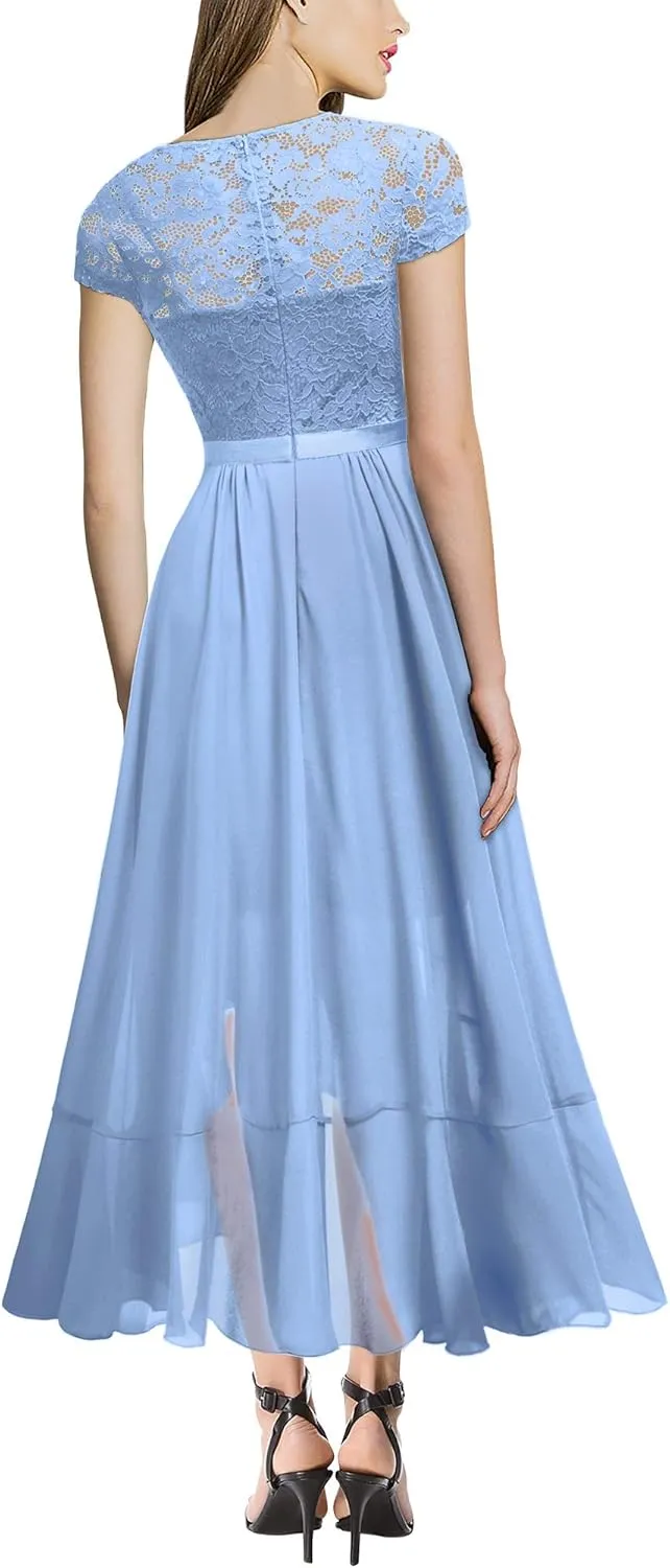 Miusol Women's V Neck Elegant Lace Ruffle Bridesmaid Maxi Dress