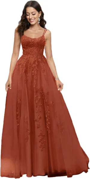 MllesReve Spaghetti Strap Long Tulle Prom Dresses Backless Corset Back Lace Applique Women Formal Evening Dress