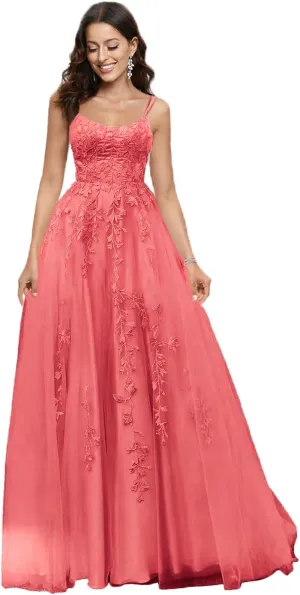 MllesReve Spaghetti Strap Long Tulle Prom Dresses Backless Corset Back Lace Applique Women Formal Evening Dress