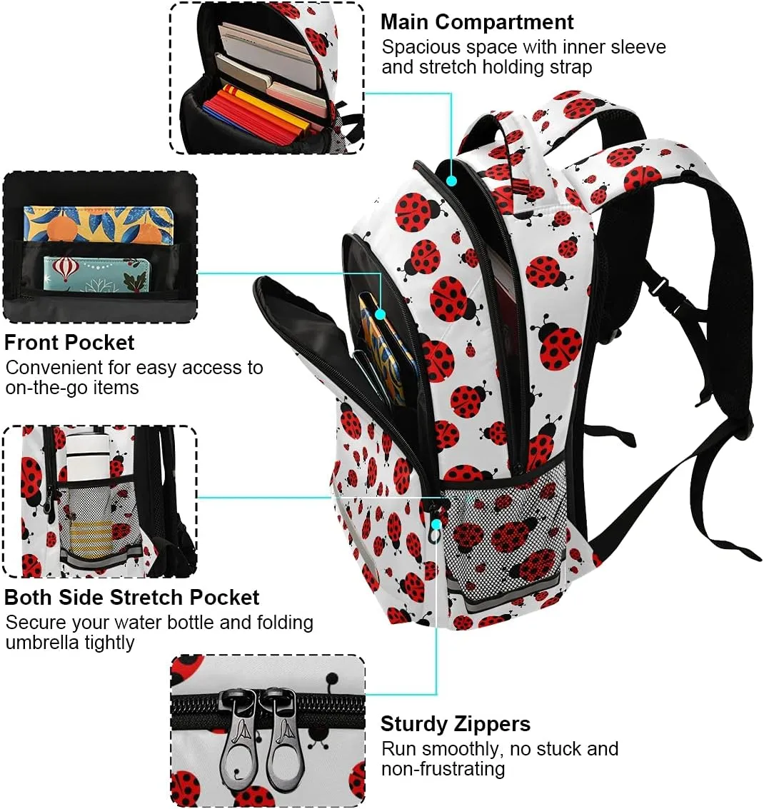 MNSRUU School Backpack with Chest Strap, Cute Red Ladybug Laptop Backpack, Travel Hiking Backpack for Boys Girls, Rucksack, Knapsack One Size
