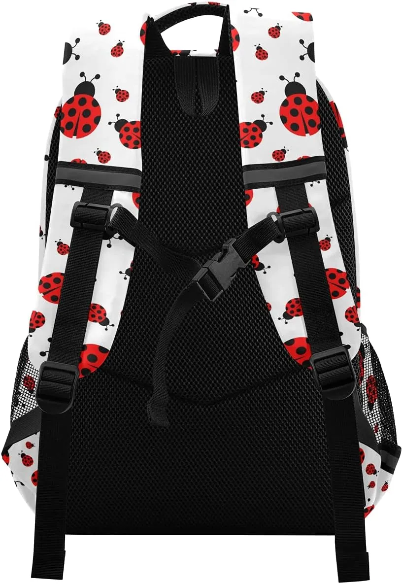 MNSRUU School Backpack with Chest Strap, Cute Red Ladybug Laptop Backpack, Travel Hiking Backpack for Boys Girls, Rucksack, Knapsack One Size