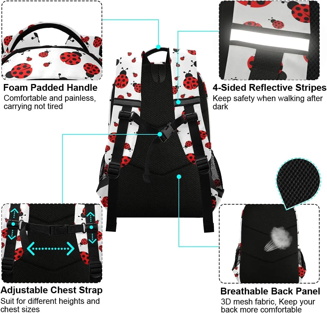 MNSRUU School Backpack with Chest Strap, Cute Red Ladybug Laptop Backpack, Travel Hiking Backpack for Boys Girls, Rucksack, Knapsack One Size