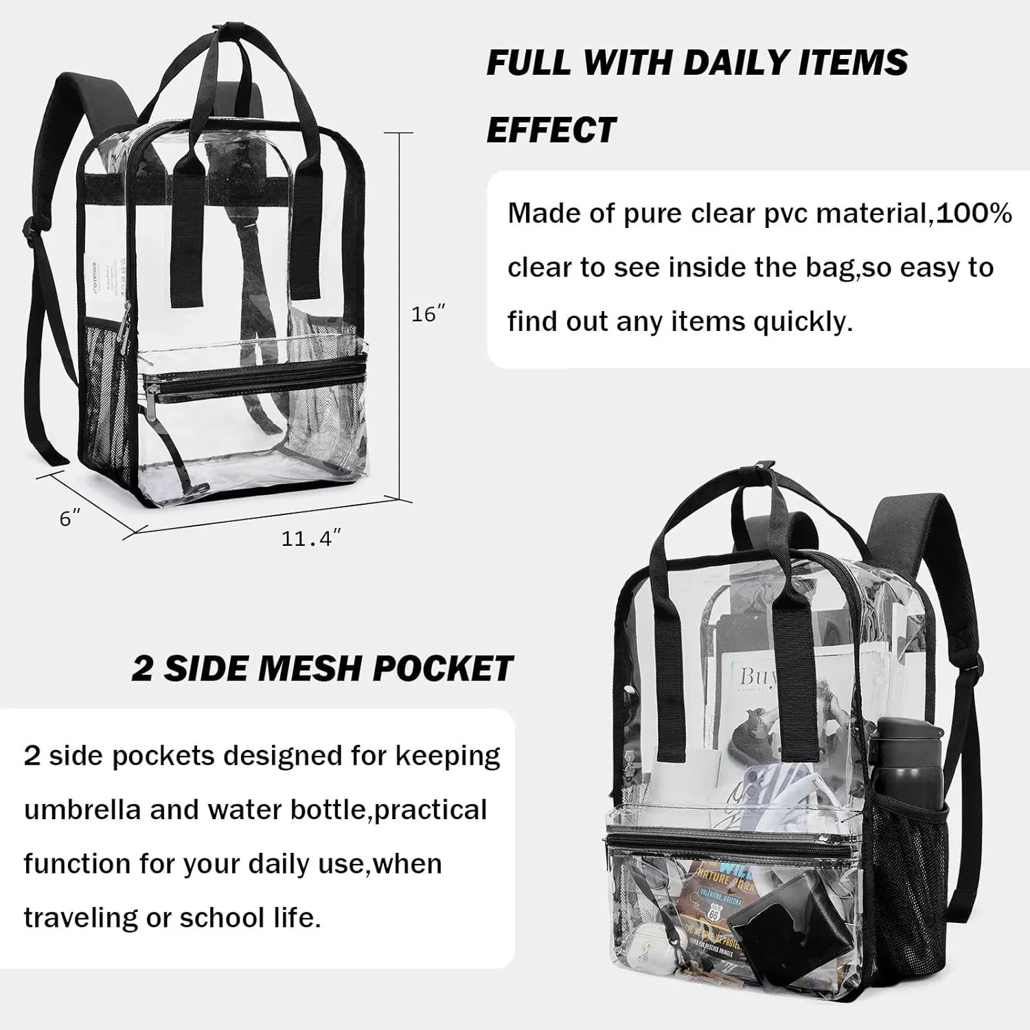 mommore Clear Backpack Heavy Duty Transparent backpacks with Widened Handle Thick PVC See-Through Bookbags for School, Work
