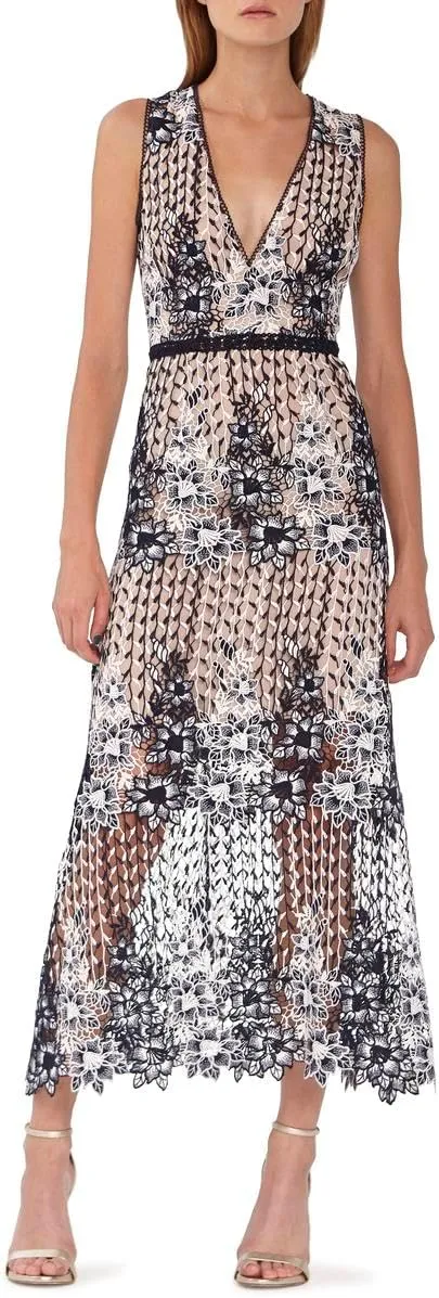 MONIQUE LHUILLIER ML Womens Floral Lace Evening Dress