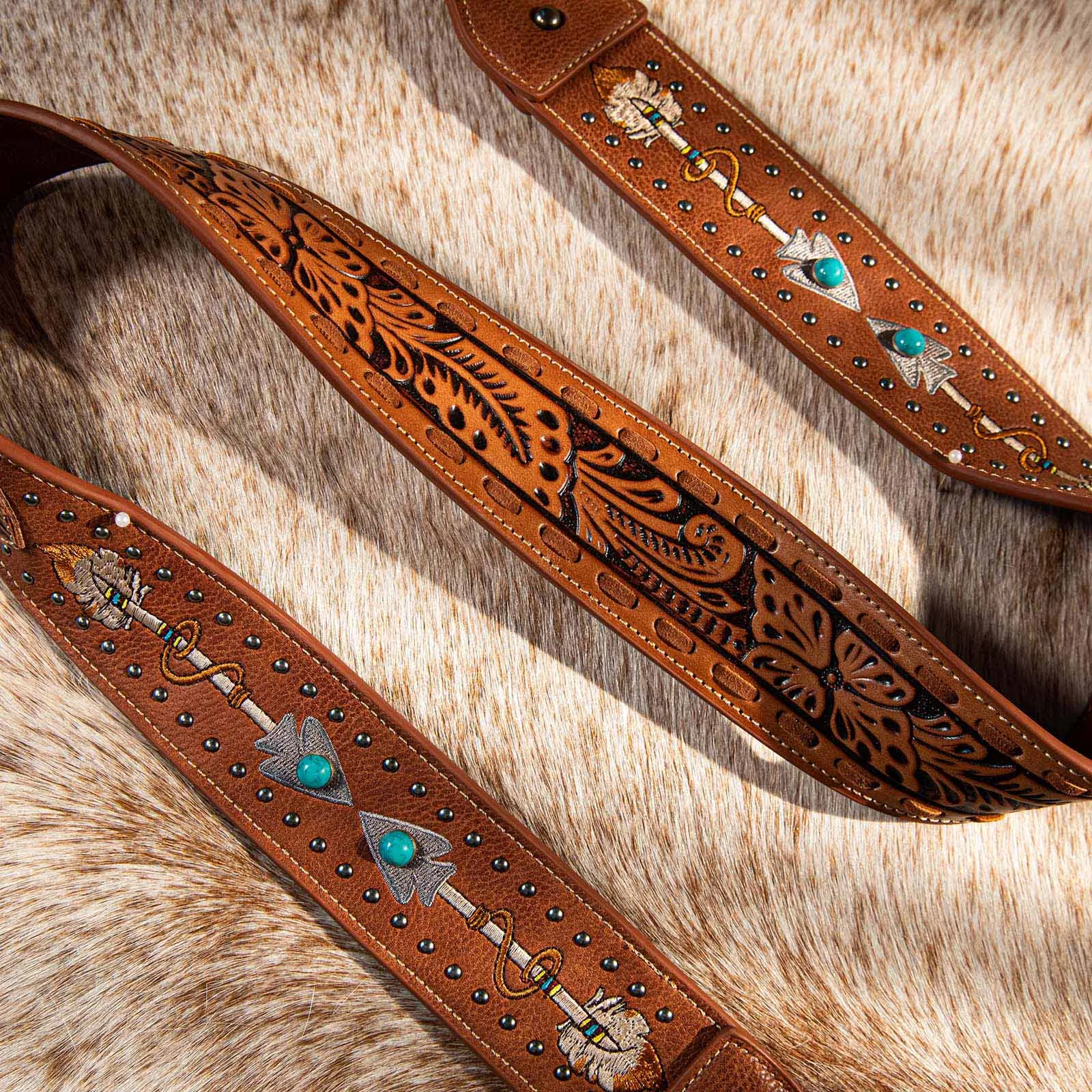 Montana West Western Guitar Style Floral Tooled Arrow" Crossbody Strap - Brown