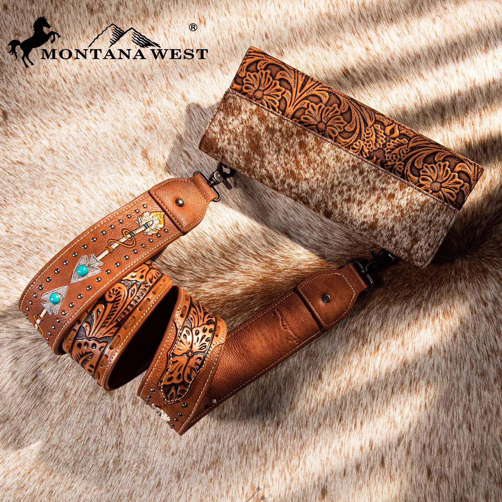 Montana West Western Guitar Style Floral Tooled Arrow" Crossbody Strap - Brown