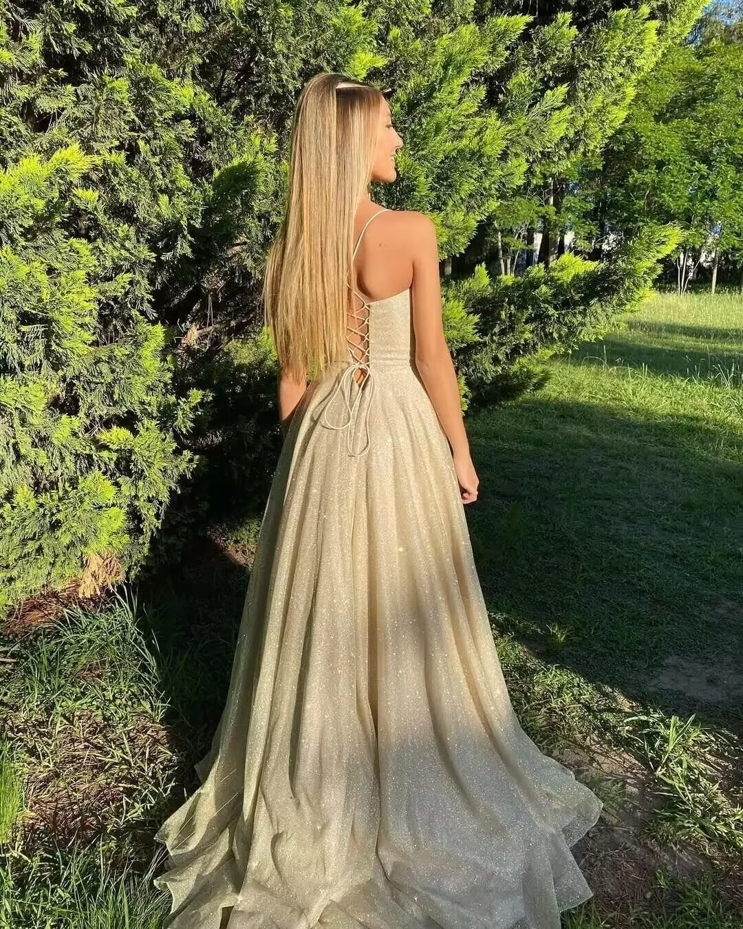 Monvelli Glitter Tulle Prom Dress Long Ball Gown 2025 Spaghetti Straps Sweetheart Formal Evening Dress with Slit