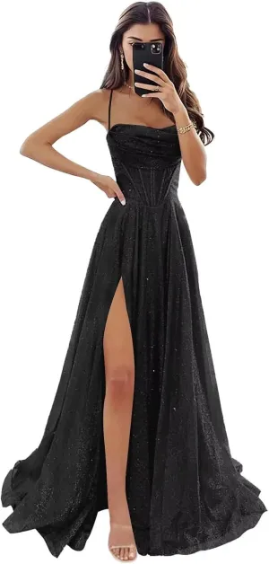 Monvelli Glitter Tulle Prom Dress Long Ball Gown 2025 Spaghetti Straps Sweetheart Formal Evening Dress with Slit