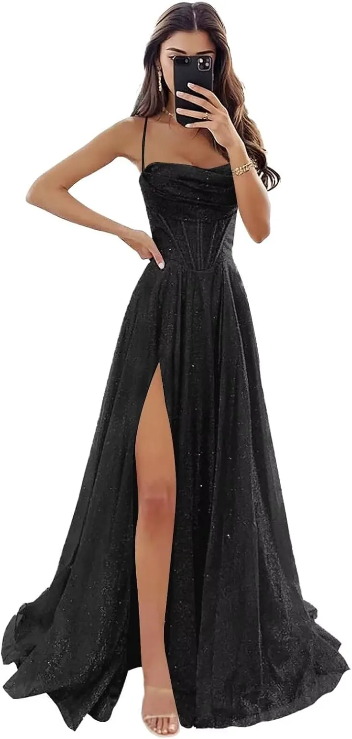 Monvelli Glitter Tulle Prom Dress Long Ball Gown 2025 Spaghetti Straps Sweetheart Formal Evening Dress with Slit