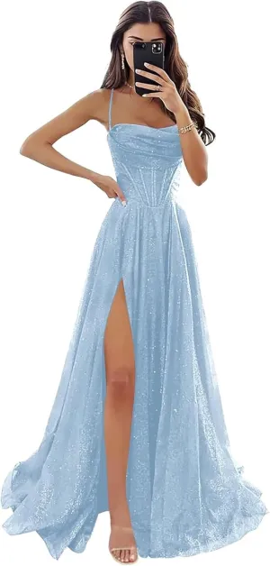 Monvelli Glitter Tulle Prom Dress Long Ball Gown 2025 Spaghetti Straps Sweetheart Formal Evening Dress with Slit