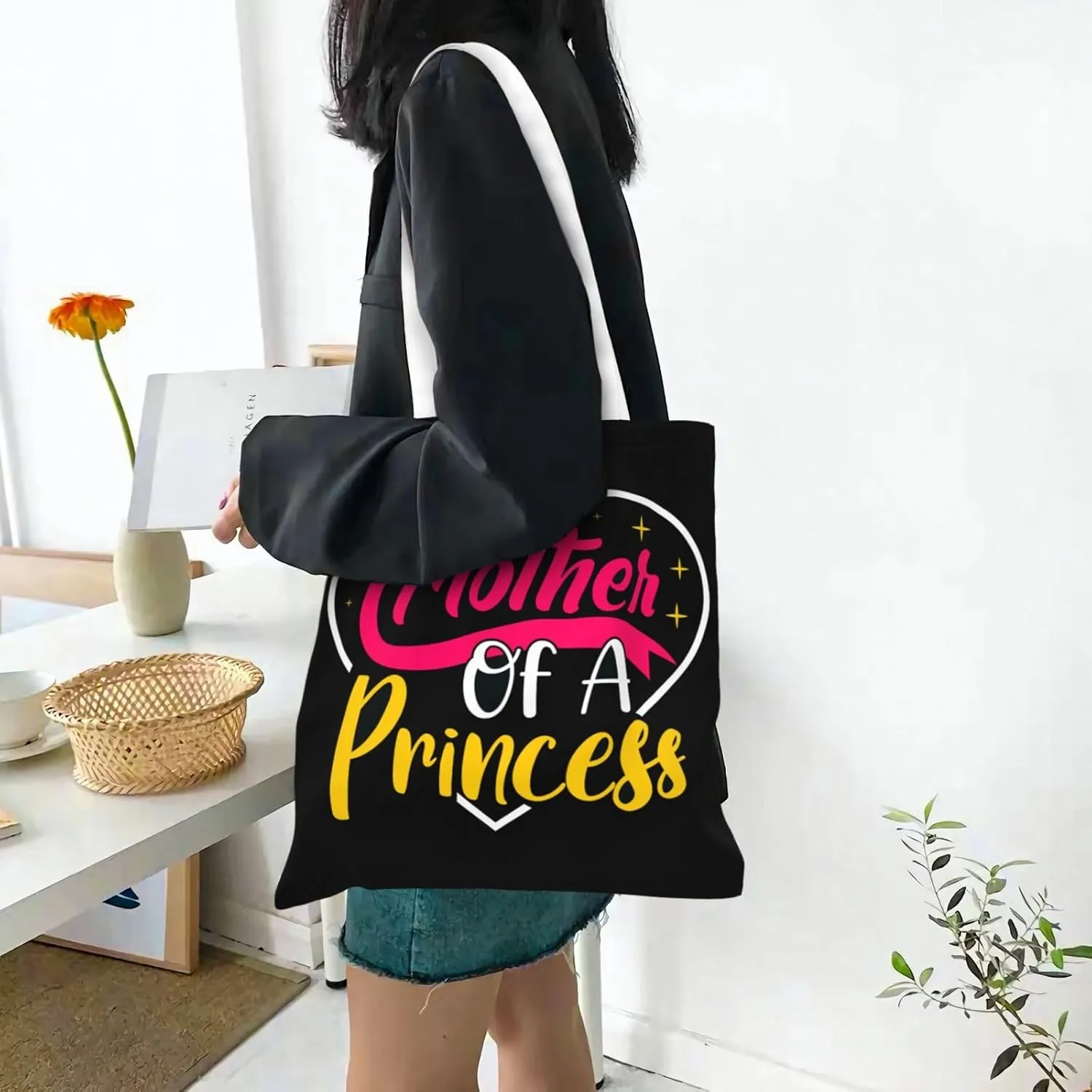Mother Of A Princess Mother's Day Canvas Tote Bag for Women Reusable Grocery Shoulder Bags Shopping Handbags