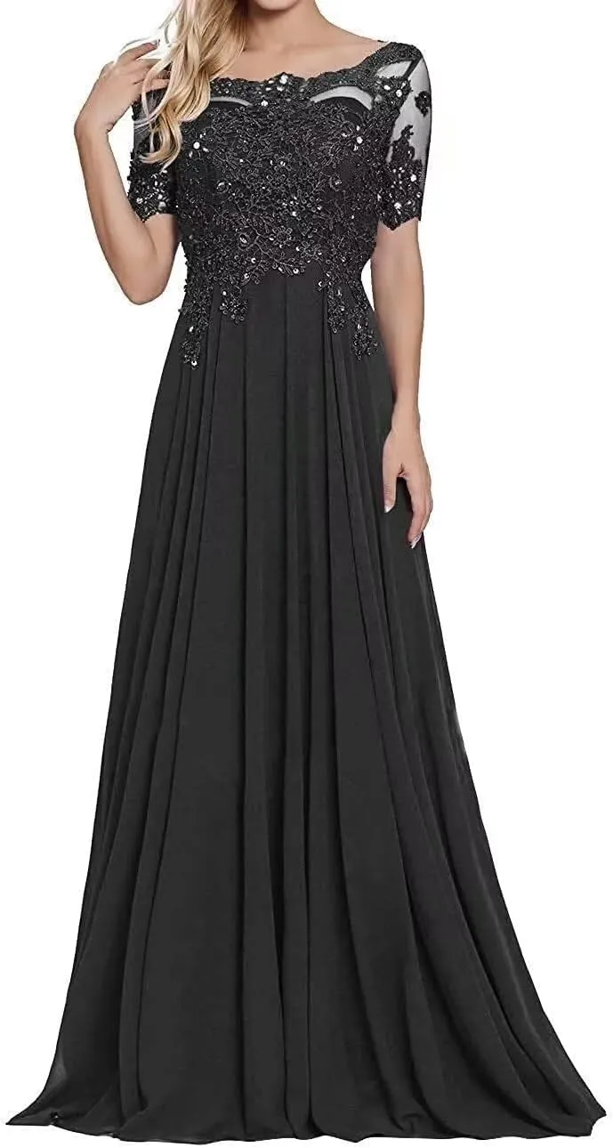 Mother of The Bride Dress 1/2 Sleeves Lace Appliques Long Chiffon Prom Dresses for Women's Formal Wedding Party Growns
