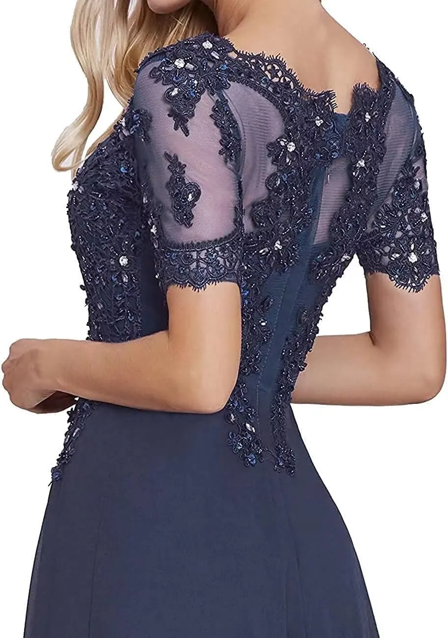 Mother of The Bride Dress 1/2 Sleeves Lace Appliques Long Chiffon Prom Dresses for Women's Formal Wedding Party Growns