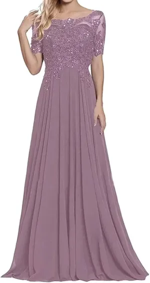 Mother of The Bride Dress 1/2 Sleeves Lace Appliques Long Chiffon Prom Dresses for Women's Formal Wedding Party Growns