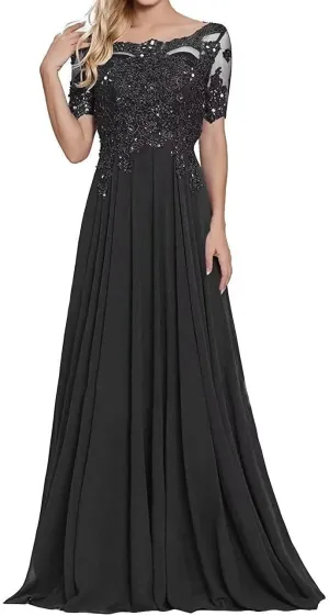 Mother of The Bride Dress 1/2 Sleeves Lace Appliques Long Chiffon Prom Dresses for Women's Formal Wedding Party Growns