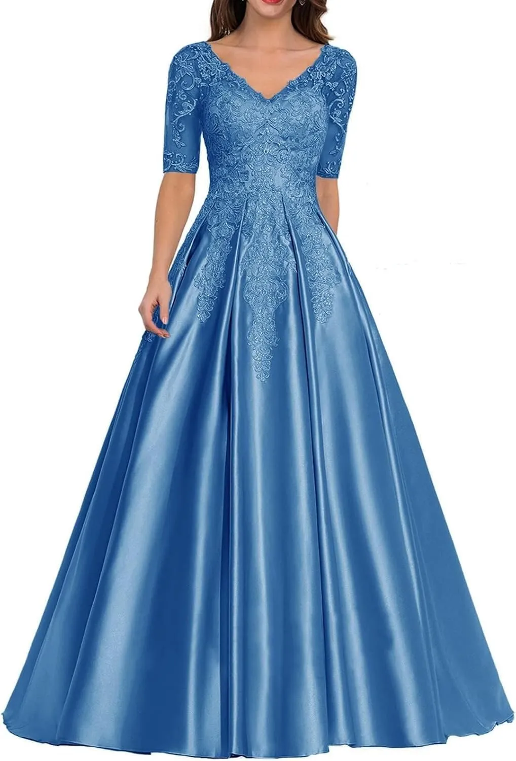 Mother of The Bride Dress Long Satin Prom Dresses Lace Applique Formal Evening Gown with Sleeve for Women